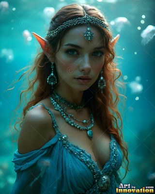 An elf woman wearing blue jewelry underwater with small jellyfish behind her