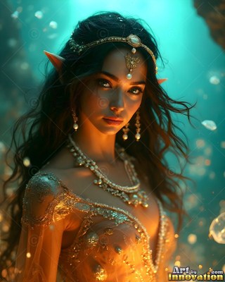 Under green water, an elf woman with pointed ears wears a gold gown and pearls