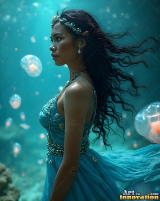 Floating underwater, an elf woman in a turquoise dress looks past floating jellyfish