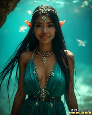 An elf woman in a teal dress underwater with jellyfish