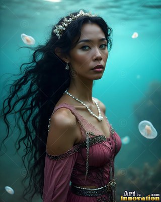 Wearing a pearl crown and pink dress, a dark-haired woman floats underwater by jellyfish