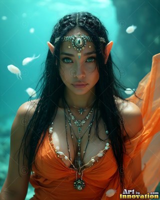An elf woman floats underwater wearing an orange gown under soft teal light