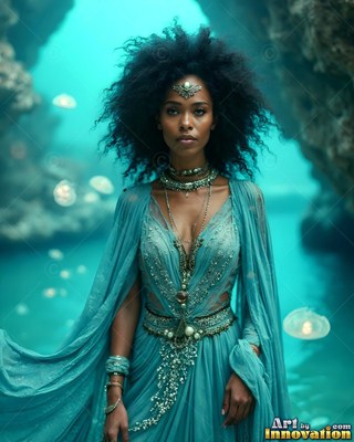 Standing underwater, an elf woman wears a sheer turquoise gown and jewelry