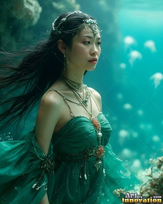 An elf woman in a green dress and silver jewelry stands underwater near jellyfish