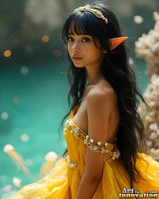 By teal water, an elf woman with pointed ears wears a yellow dress