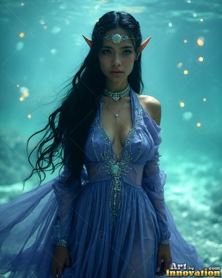 Floating underwater, an elf woman wears a sheer blue dress and silver jewelry