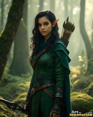 An elf woman in green clothes holding a bow in a forest