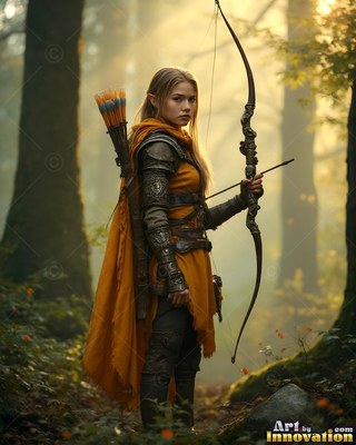 In a yellow cloak and leather armor, an elf woman grips a bow in a misty forest