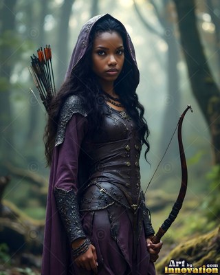 An elf woman stands holding a tall wooden bow in a purple cloak under soft green forest light