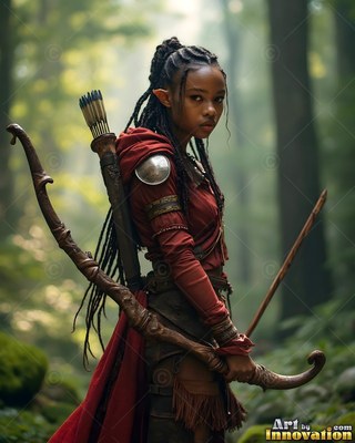 Standing in profile in a dim forest, an elf woman holds a wood bow