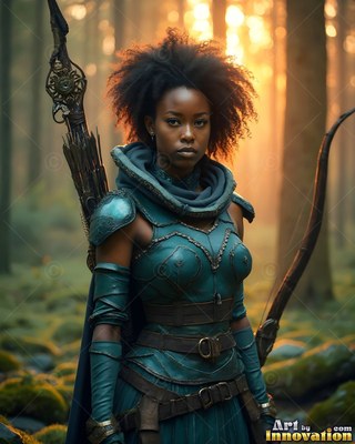 A Black woman stands in a sun-drenched forest holding a bow in teal armor