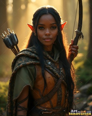 In a sunlit forest, an elf woman carries a bow with arrows on her back