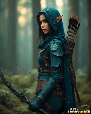 Holding a bow in the misty woods, an elf woman wears a dark teal hood