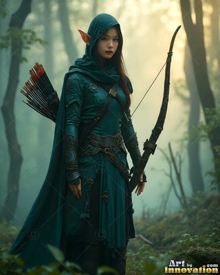 Woman with pointed ears in a green hood carries a bow in a foggy forest