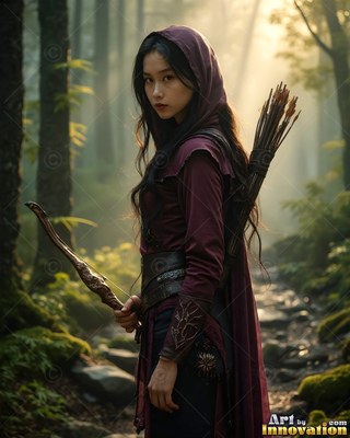 Wearing a deep red hood, an archer woman carries a bow and arrows in a misty forest