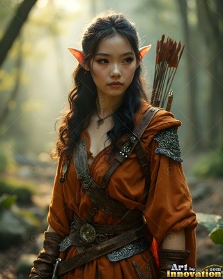 An elf woman stands with a quiver of arrows in soft sunlight, wearing a burnt-orange tunic