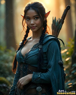 Facing forward in a sunny forest, an elf woman carries arrows on her back