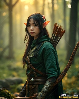 An elf woman in a green tunic stands in the woods with a bow and arrows
