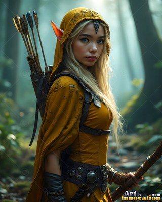 In a misty forest, an elf woman wears a yellow hood and holds a bow
