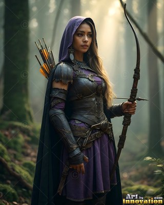Holding a bow, an elven woman stands in a dim forest wearing a purple hood and armor
