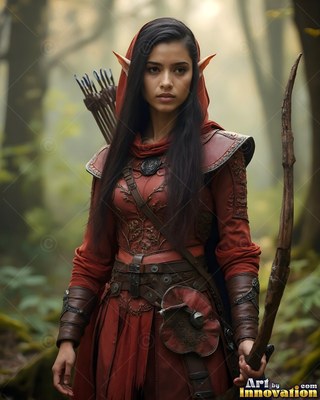 Elven woman in red leather armor holding a wood bow in a forest