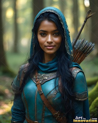 Wearing a teal hood, an archer woman carries a quiver of arrows in a sunny forest
