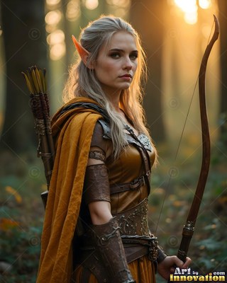 An elf woman stands with a wooden bow in a forest under warm yellow sunlight