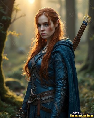 Standing in a sunny forest, a red-haired elf woman carries arrows in a teal cloak