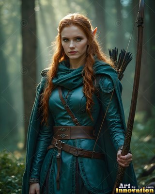 A red-haired elf woman in a green cloak holds a wooden bow in a misty forest
