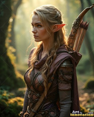 In a sunlit forest, an elf woman carries a wood bow and quiver of arrows