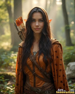Standing in sunlit woods, an elf woman carries arrows in a quiver on her back