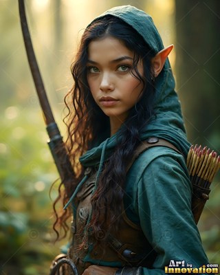 Elf woman wearing a green hood and carrying a bow
