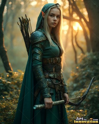 Wearing a dark green hooded cape, an elf woman carries a bow in a sunlit forest