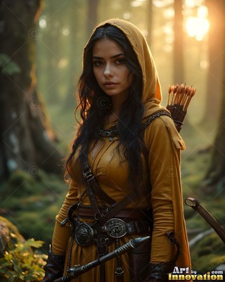 A woman in a yellow hood stands in a forest with arrows, soft sunlight behind her