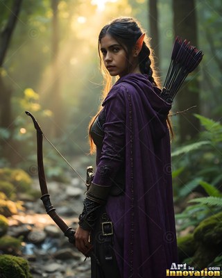 Looking back in a forest in sunlight, an elf woman holds a bow in a purple cloak