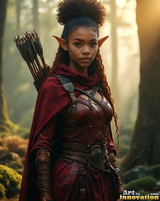 An elf woman in a red leather tunic and cloak stands in a sunny forest with arrows on her back