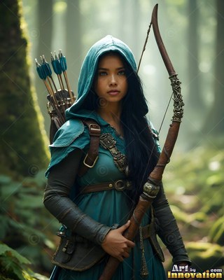 In a misty forest, a hooded woman in teal holds a long bow