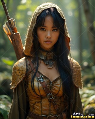 Standing in the woods, a woman in a hooded brown cape carries arrows on her back