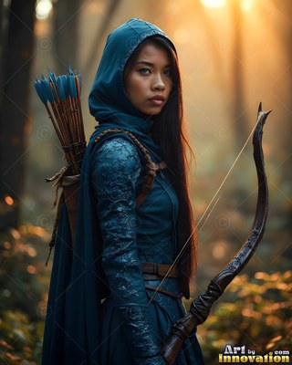 Woman in a hooded teal cloak holding a bow in woods