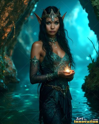 Silver tiara on her brow, an elf woman wades through teal water inside a rocky sea cave