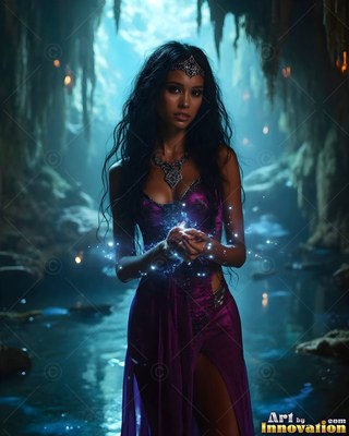 A woman in a purple dress holds points of blue light in a dark cave