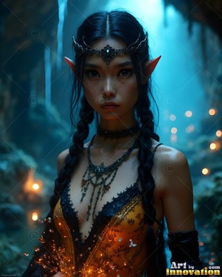 Facing forward in a dim blue cave, an elf woman wears a gold bodice