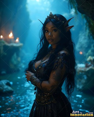 An elf woman with finned ears stands in a dark sea cave under blue light