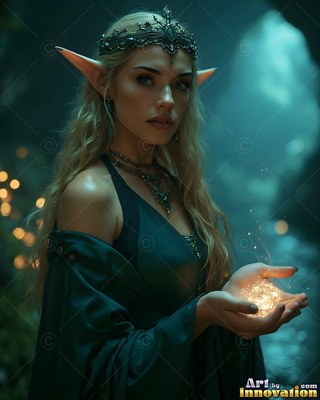 In a dark cavern, an elf woman holds a bright ball of light in her hands