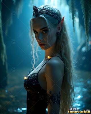 Standing in blue mist, an elf woman with long blonde hair wears a dark crown