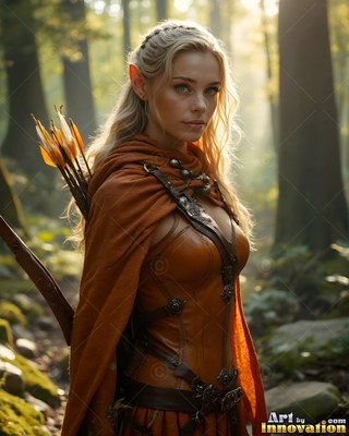 Blonde elf woman in orange leather armor in a forest