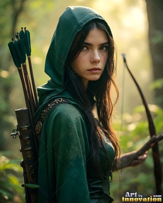 A dark green hood covers a young woman carrying a quiver of arrows in a sun-drenched forest