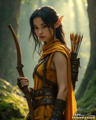 An elf woman holds a wood bow in the woods under soft golden sunlight