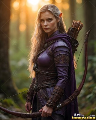 Standing half-turned in a forest, an elf woman carries a bow in purple armor