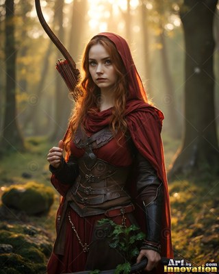 A red-haired woman in a deep red hooded cape carries a tall wooden bow in the woods